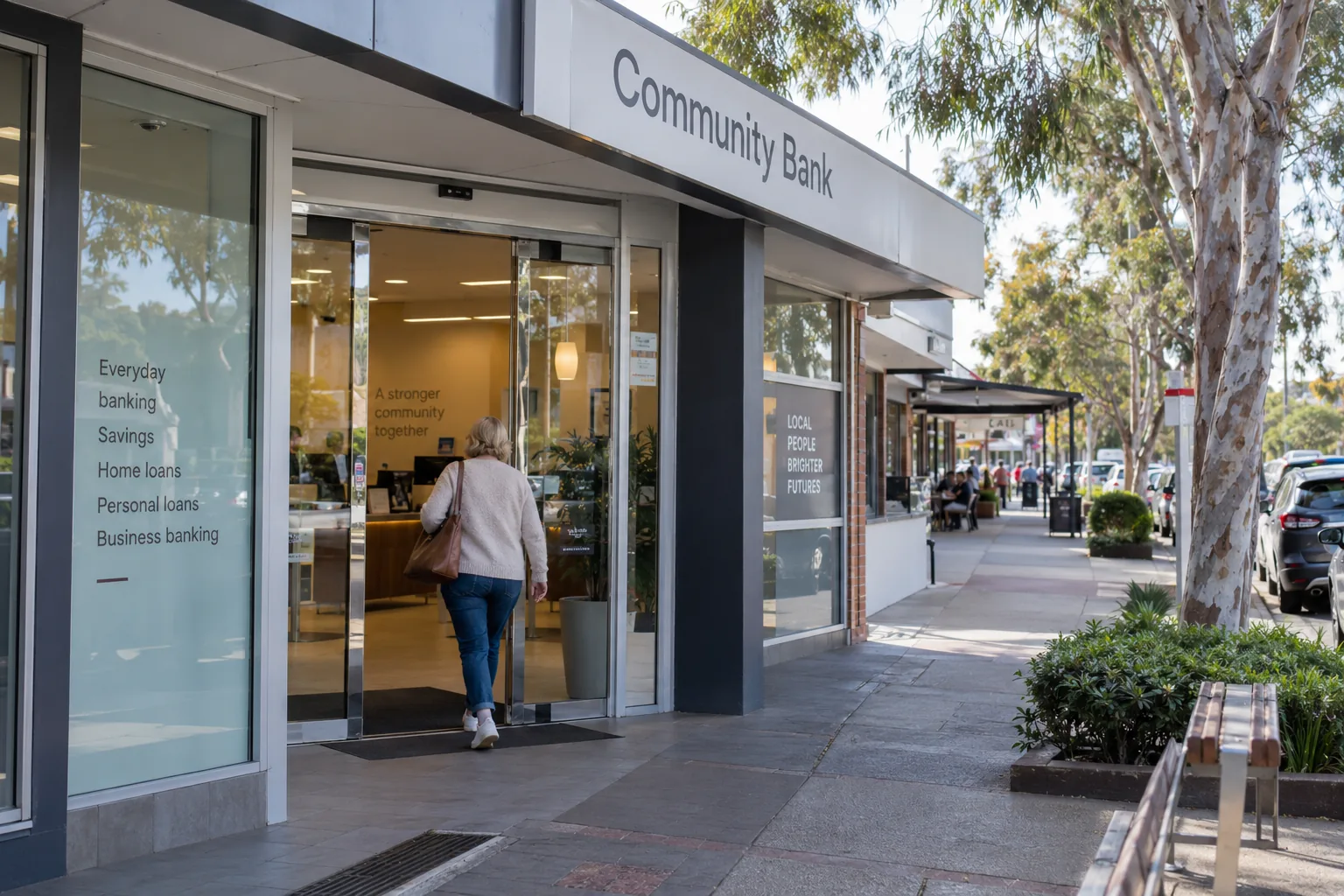 A member walks into a community bank branch on a suburban high street