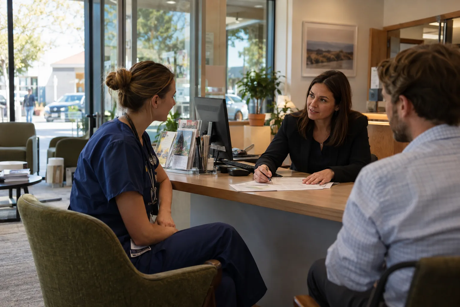 A nurse and a man at a branch counter while a staff member goes through paperwork