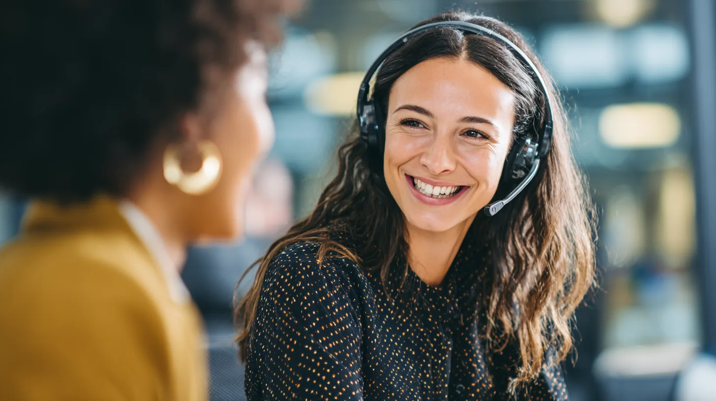 A contact centre agent wearing a headset, talking with a colleague
