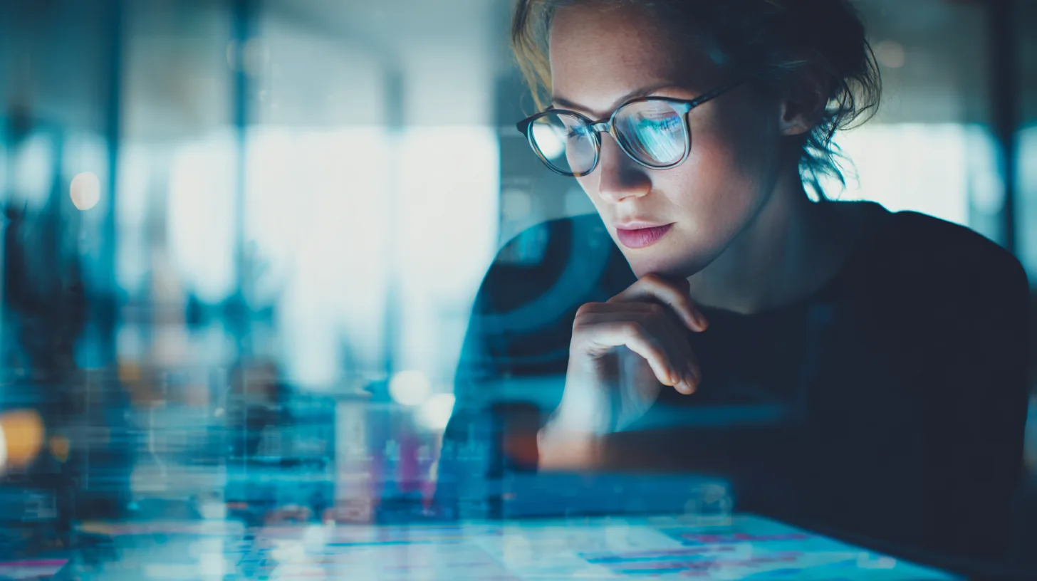 Professional in glasses studying data on a screen