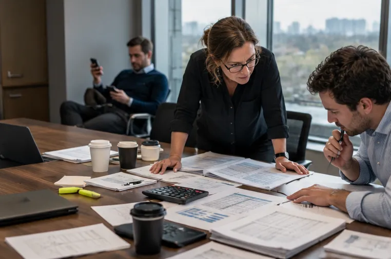 A woman in glasses leans over a meeting table covered in printed spreadsheets, coffee cups and a calculator, while a colleague beside her reads with a pen in hand and a man by the window checks his phone.