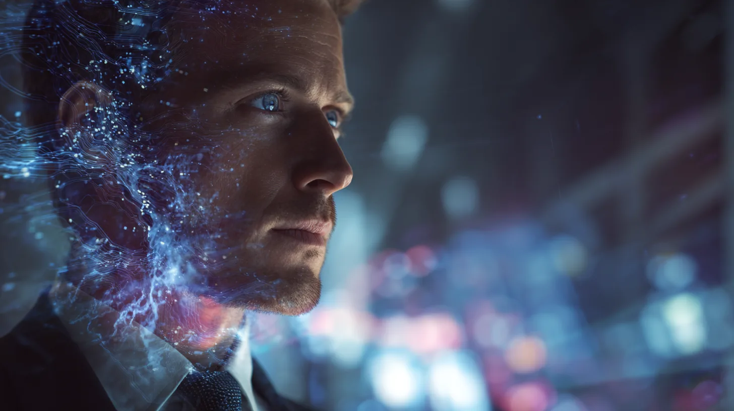 A man in profile with streams of blue data particles dissolving from the side of his head