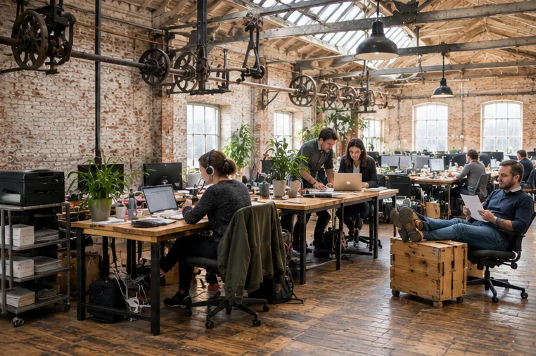 An open-plan office inside a converted brick factory, with the original overhead line shafting and pulleys still fixed to the ceiling above rows of timber desks where people work on laptops.