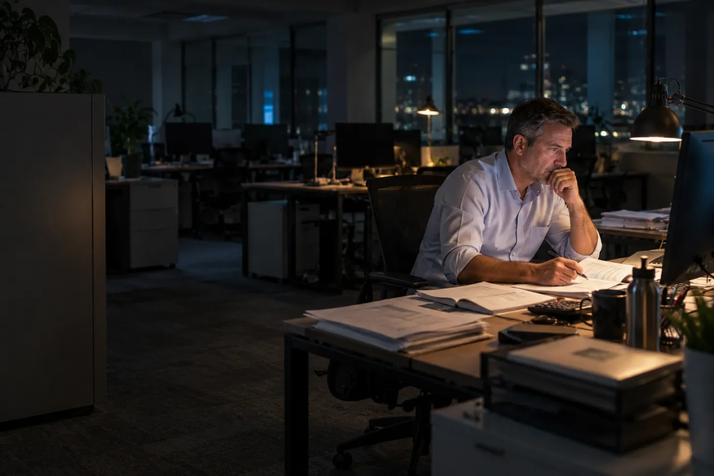 A senior finance manager alone at his desk late at night, chin in hand, marking a printed listing with a pen under a desk lamp, with the open-plan office dark and empty behind him and city lights through the windows.
