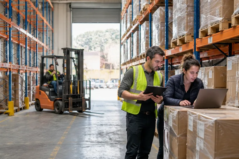 Two people in a warehouse aisle checking stock, one holding a clipboard and the other working on a laptop resting on stacked boxes, with pallet racking either side and a forklift by the open roller door.