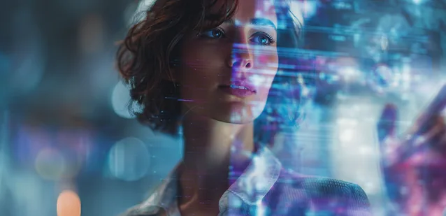 A woman looking ahead, with translucent data displays overlaid across the frame