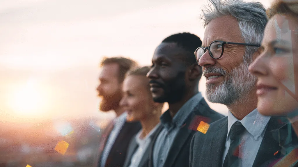 A row of business people in profile looking into the distance at sunset