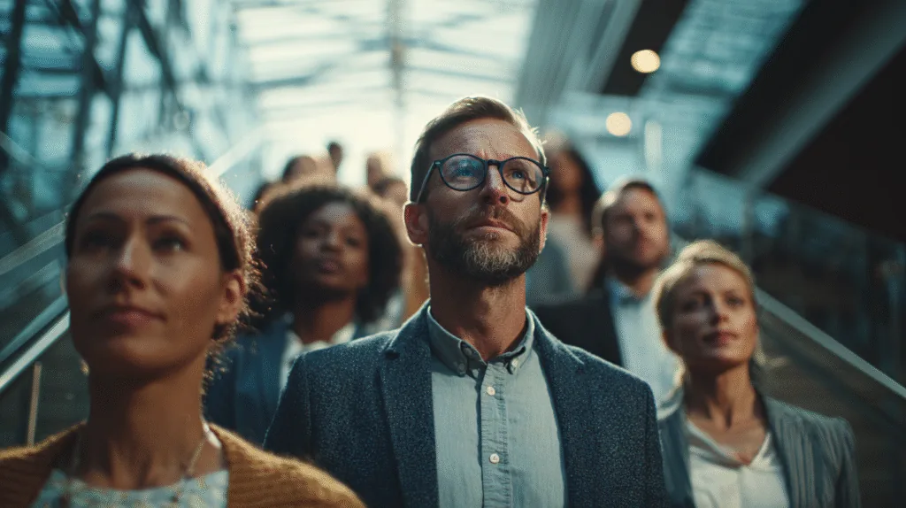 A group of people looking up while riding an escalator in a glass-roofed atrium