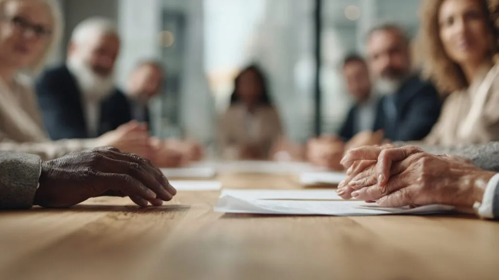Close-up of hands resting on a boardroom table over printed papers