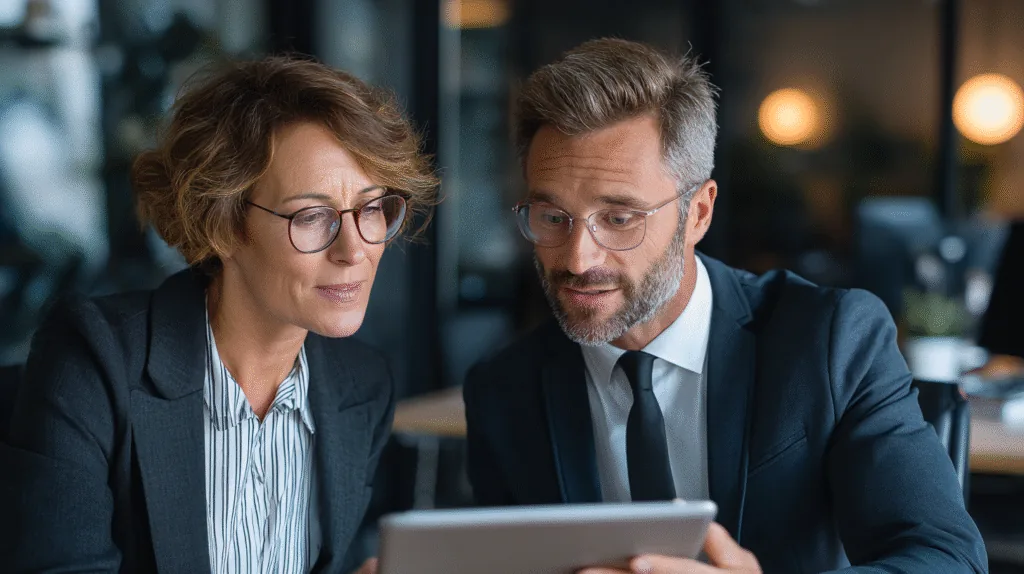 Two advisers reviewing a client portfolio together on a tablet