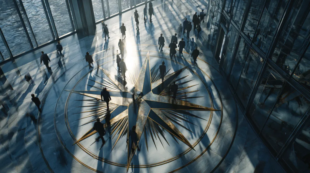 Aerial view of people walking across a large compass emblem in a glass atrium