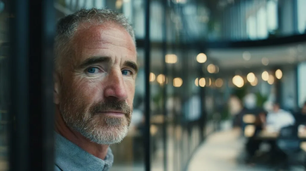 Portrait of a man beside a glass office partition