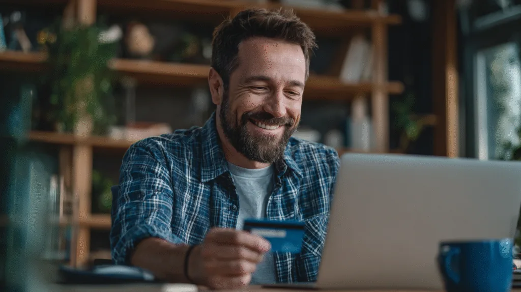 A man holding a payment card while using a laptop at home