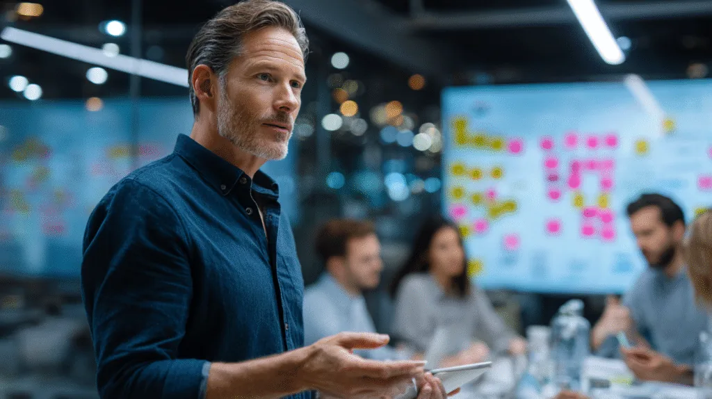 A man holding a tablet in front of a large board of sticky notes, with colleagues seated behind