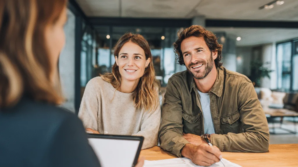 A couple reviewing their retirement portfolio with an adviser