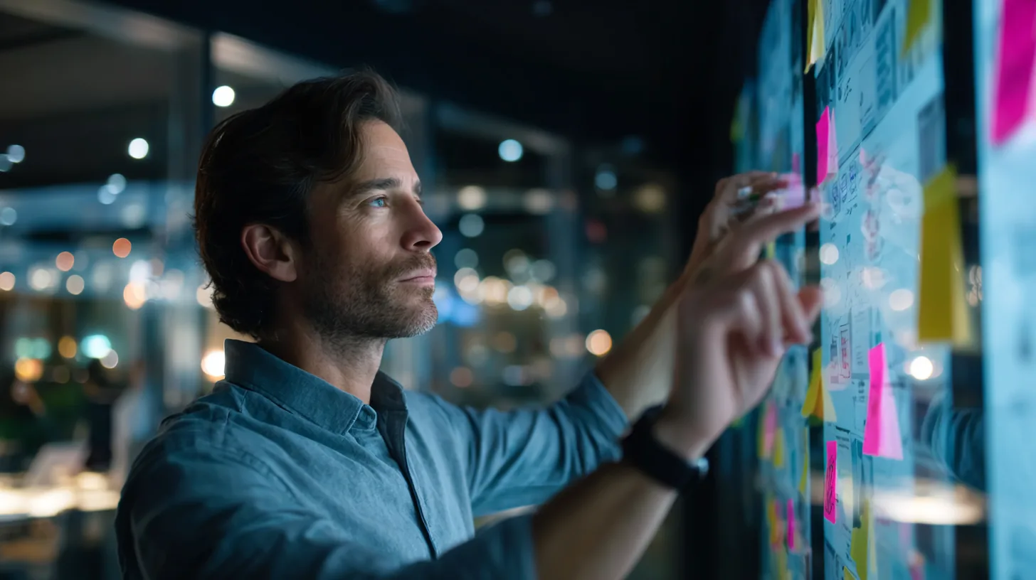 A man placing a sticky note on a glass planning wall at night