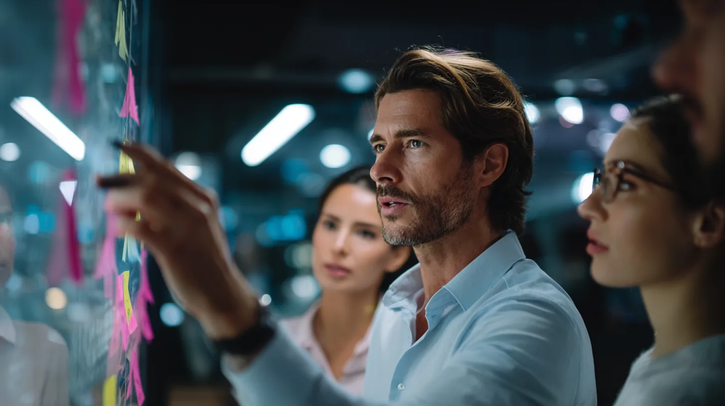 A man pointing at a glass wall of sticky notes while two colleagues watch