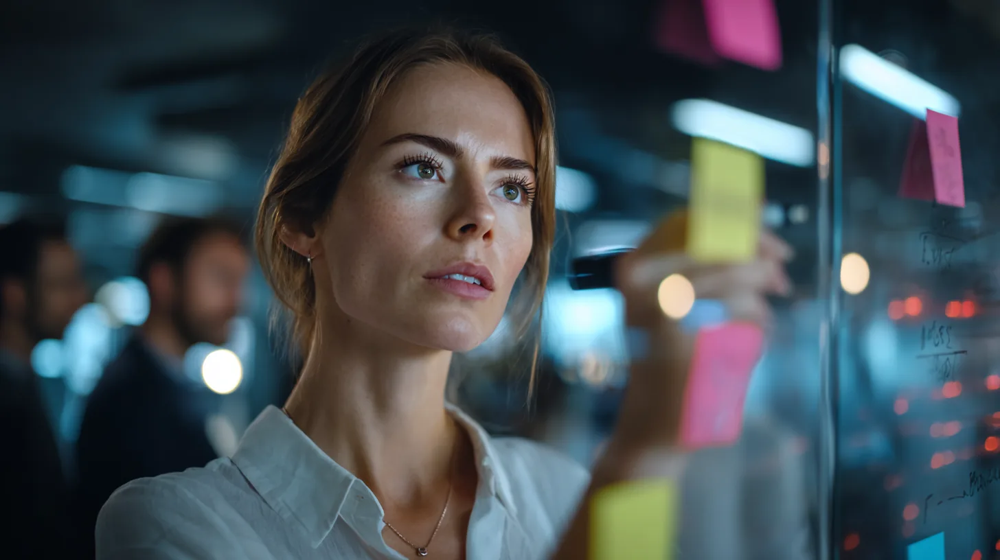 A woman writing on a glass wall covered in sticky notes