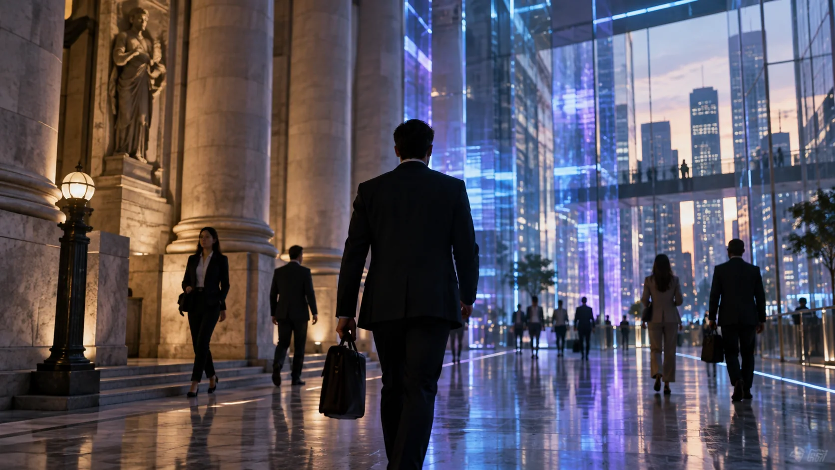 A man with a briefcase walking through a marble colonnade towards glass towers at dusk