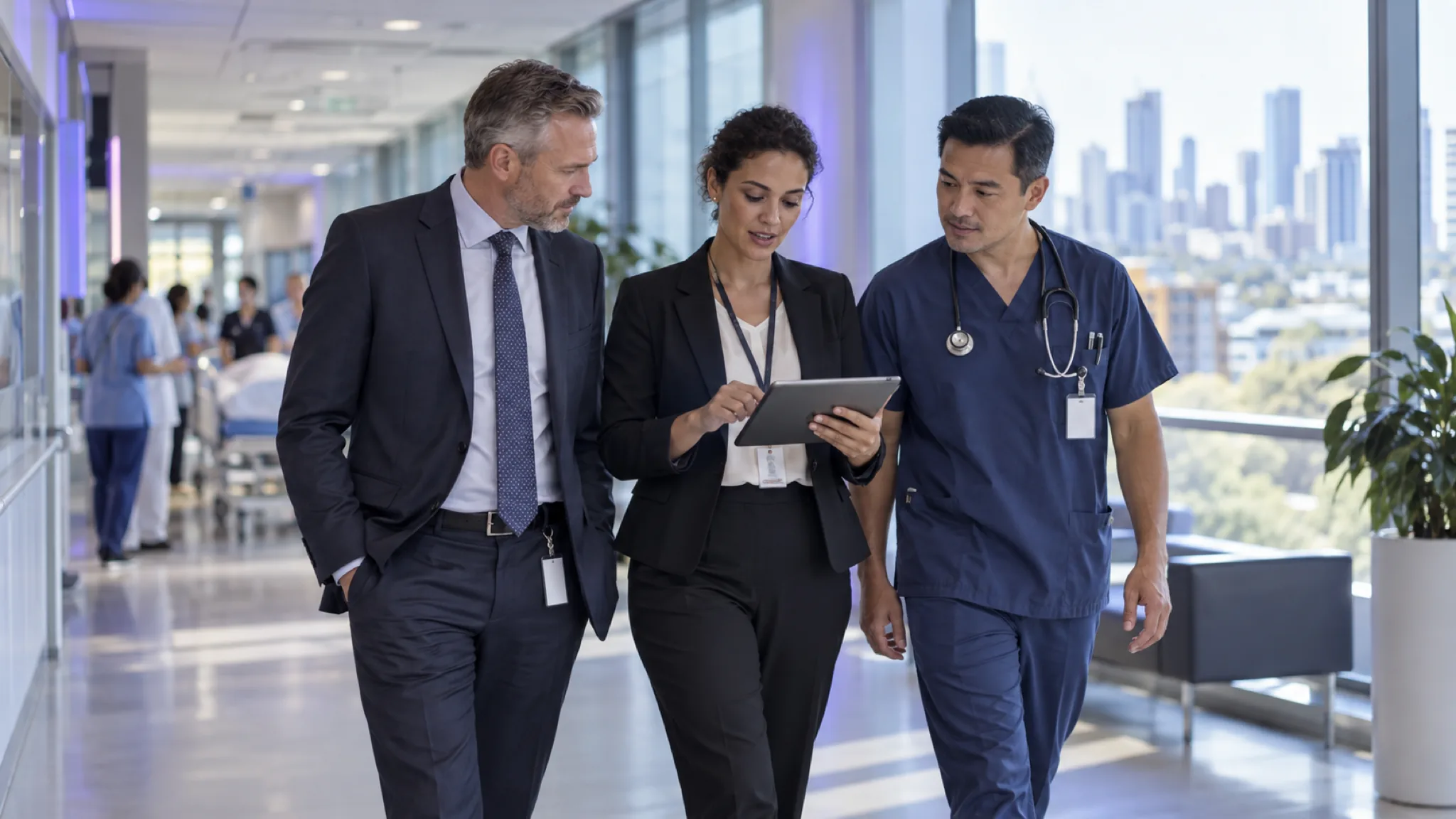 A clinician and two colleagues walking through a hospital corridor
