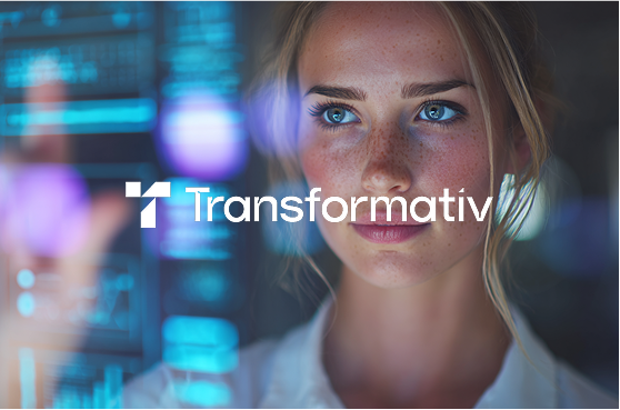 Woman selecting a transparent digital dashboard with the Transformativ logo