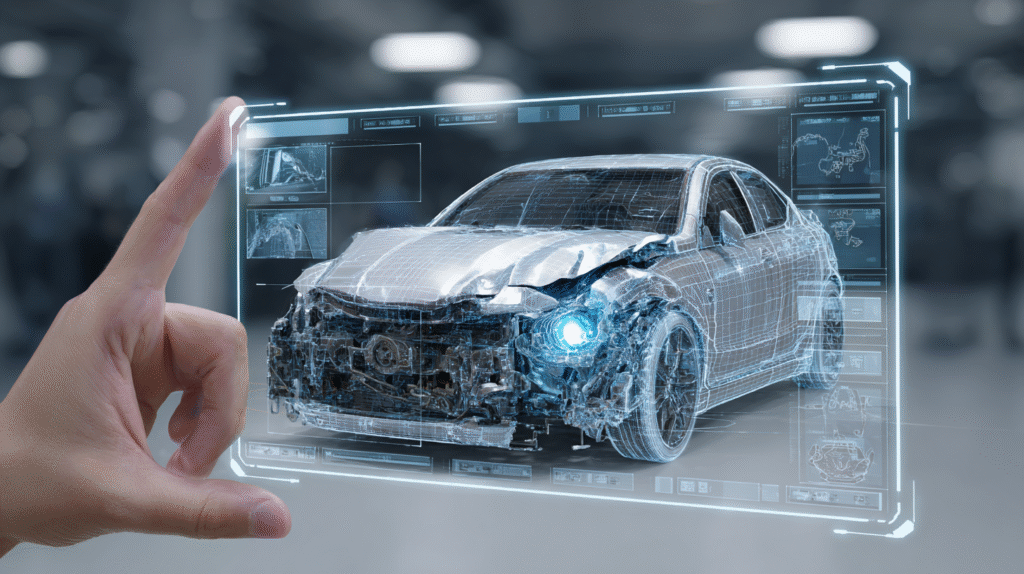 AI software assessing photos of a damaged car for insurance claim processing.