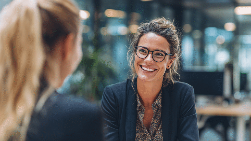 Adviser and client discussing the benefits of a new cash account, faces visible.