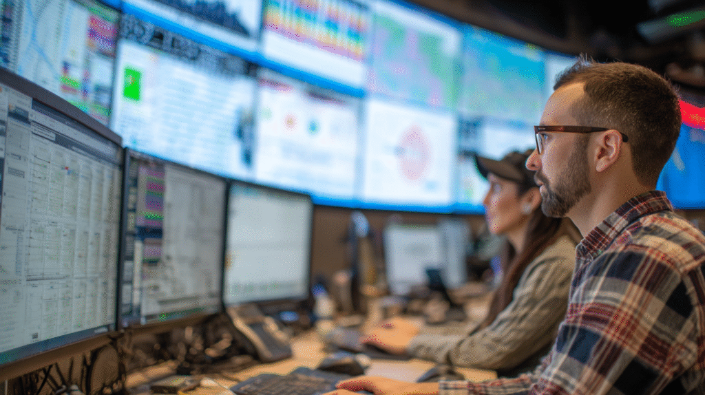 Banking program team monitoring dashboards during large-scale account migration, faces visible.