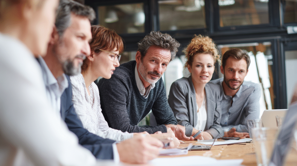 Cross-functional business and IT team gathered around a table in a modern office, faces focused on discussion, symbolising collaboration for enterprise agility.