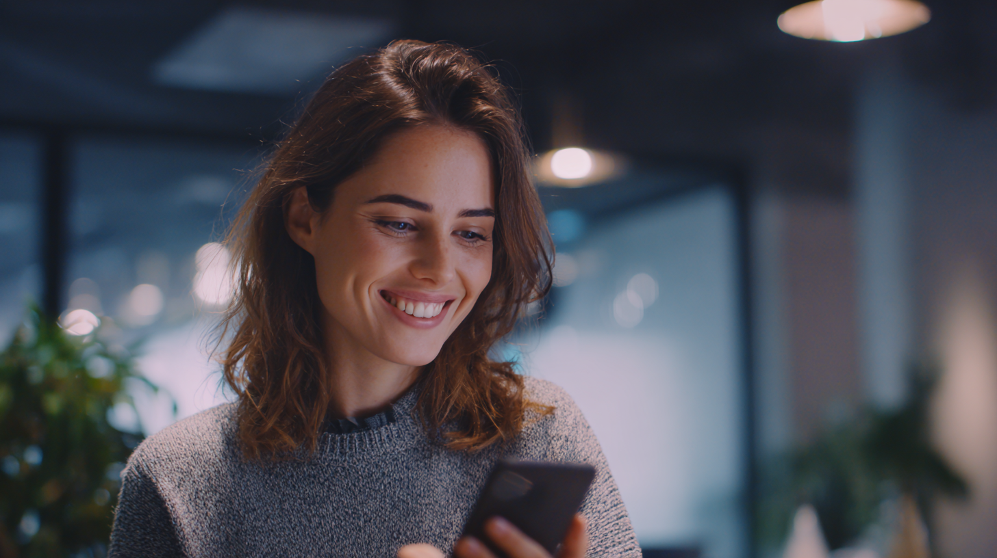 Customer smiling while submitting an insurance claim on a mobile app, face clearly visible.