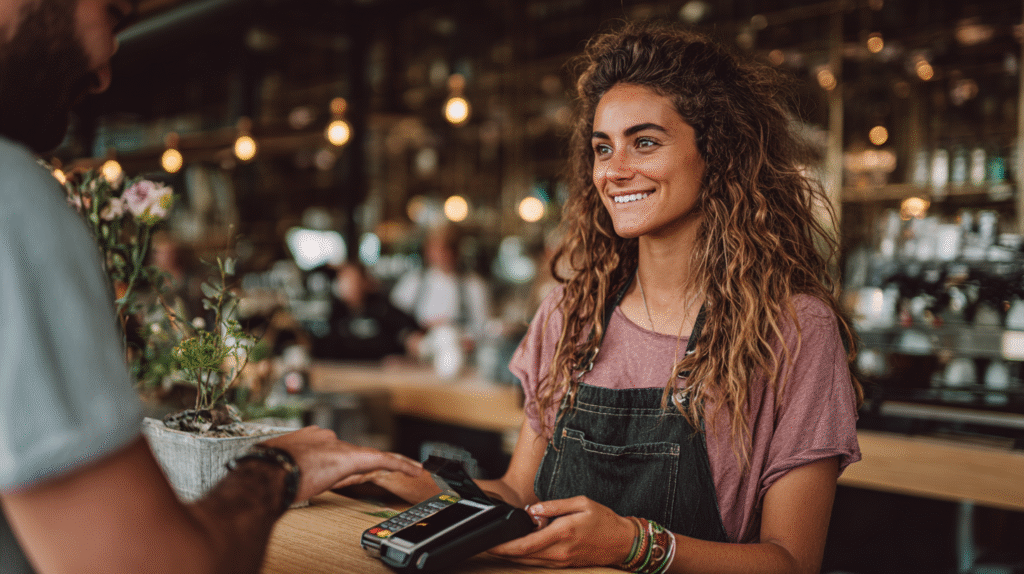 Customer making a contactless payment at a café using a mobile banking app, face visible.