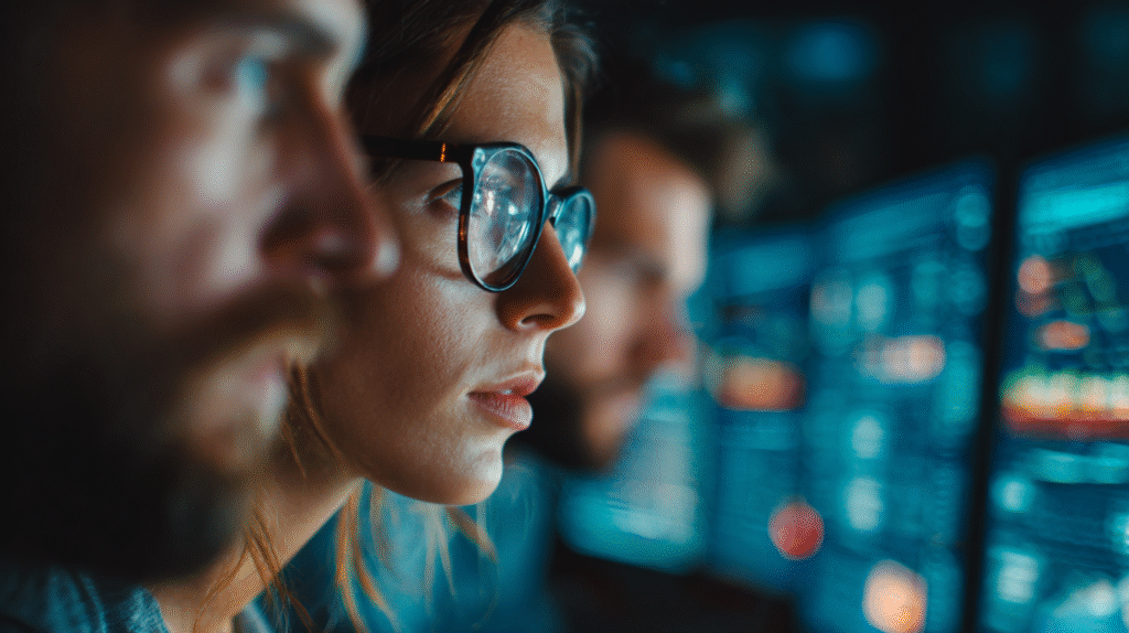 Transformation team monitoring dashboards during a core banking migration.