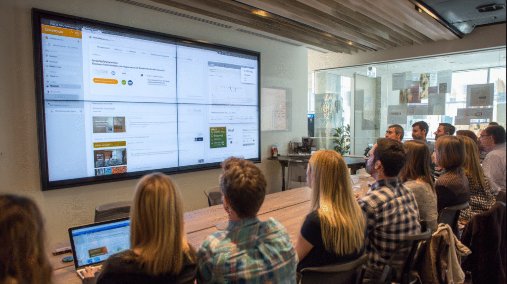 Banking team presenting new digital features to customers in a focus group.