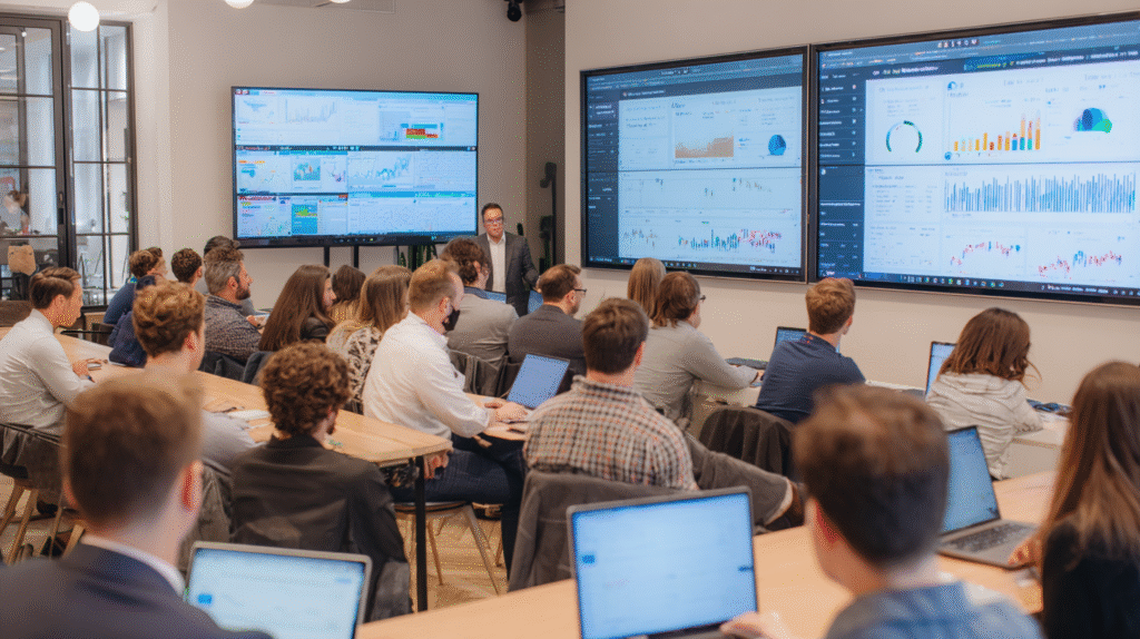Wealth advisors in a training session reviewing new digital platform features, faces visible.