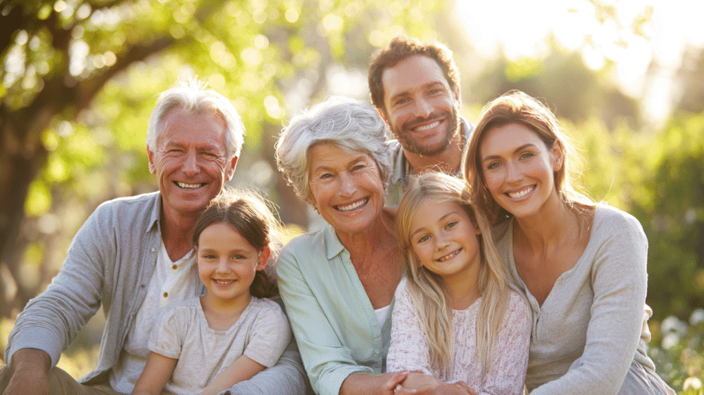 Multi-generation family outdoors symbolising financial security and future planning.