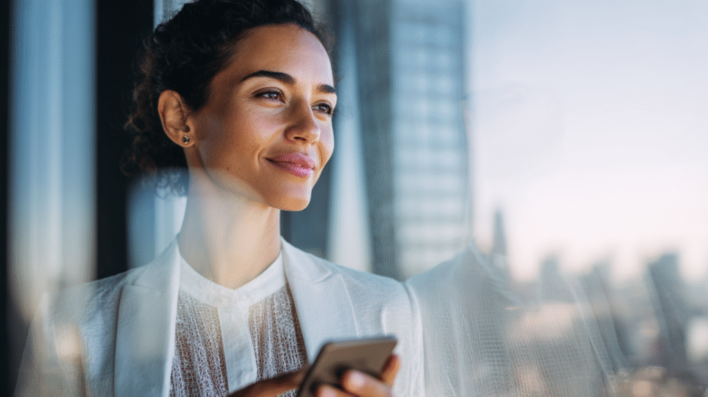 Young professional checking her investment portfolio on a mobile app